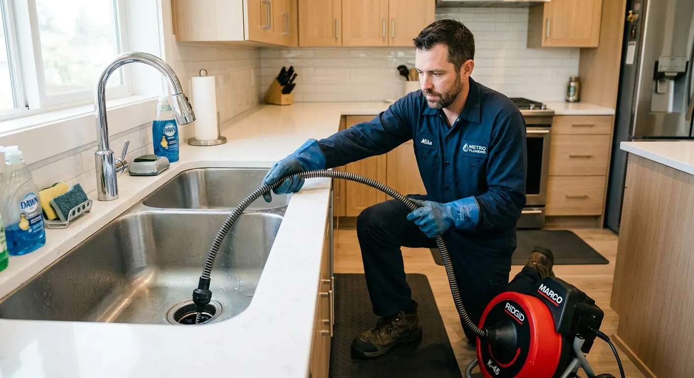 Drain cleaning technician using a motorized snake on a kitchen sink in Montgomery