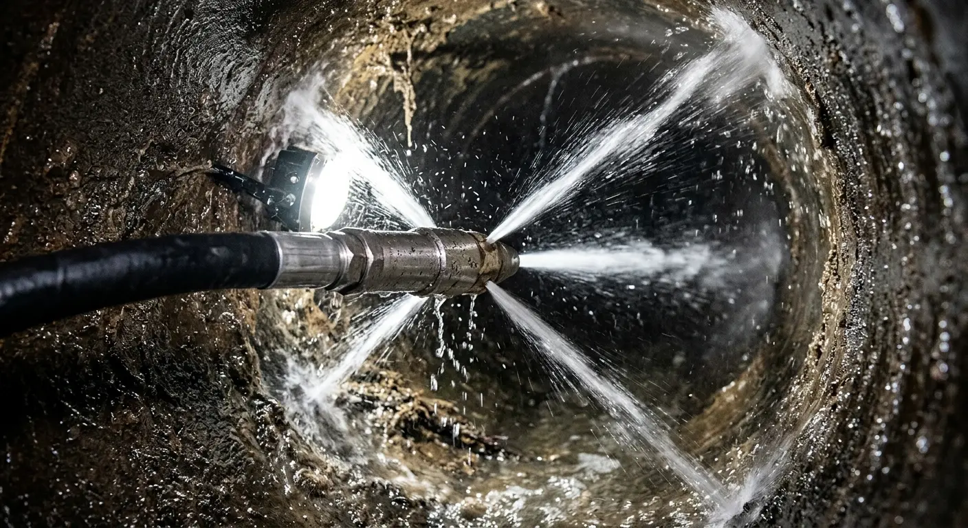 High-pressure hydro jetting nozzle cleaning sewer pipe for Emergency Drain Service in Montgomery