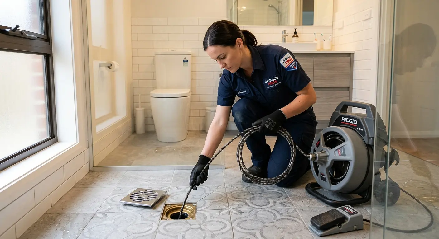 Technician clearing a bathroom floor drain for Sewer Line Replacement in Montgomery